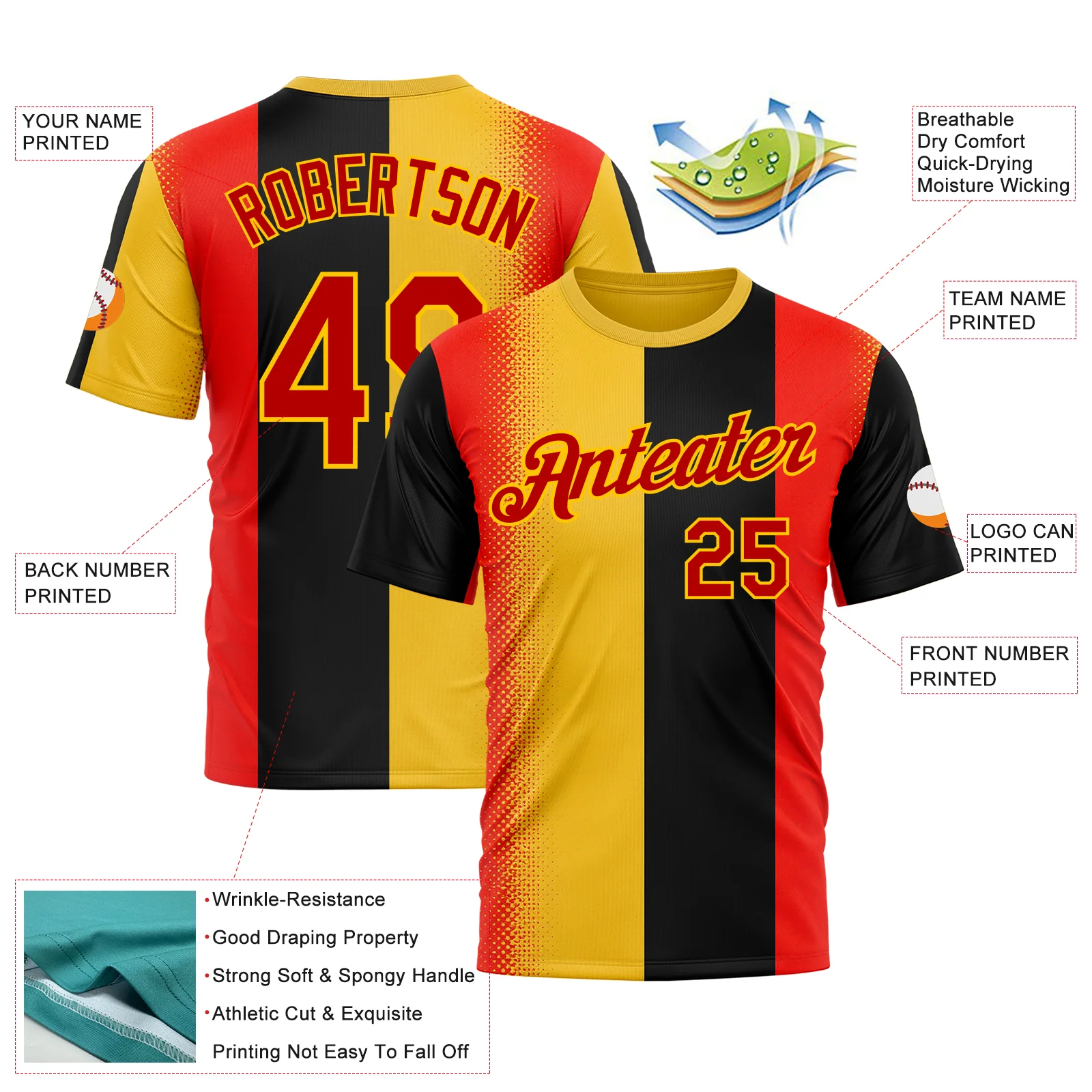 Custom Yellow Red-Black 3D Pattern Design Germany Sportswear Performance T-Shirt - Image 2