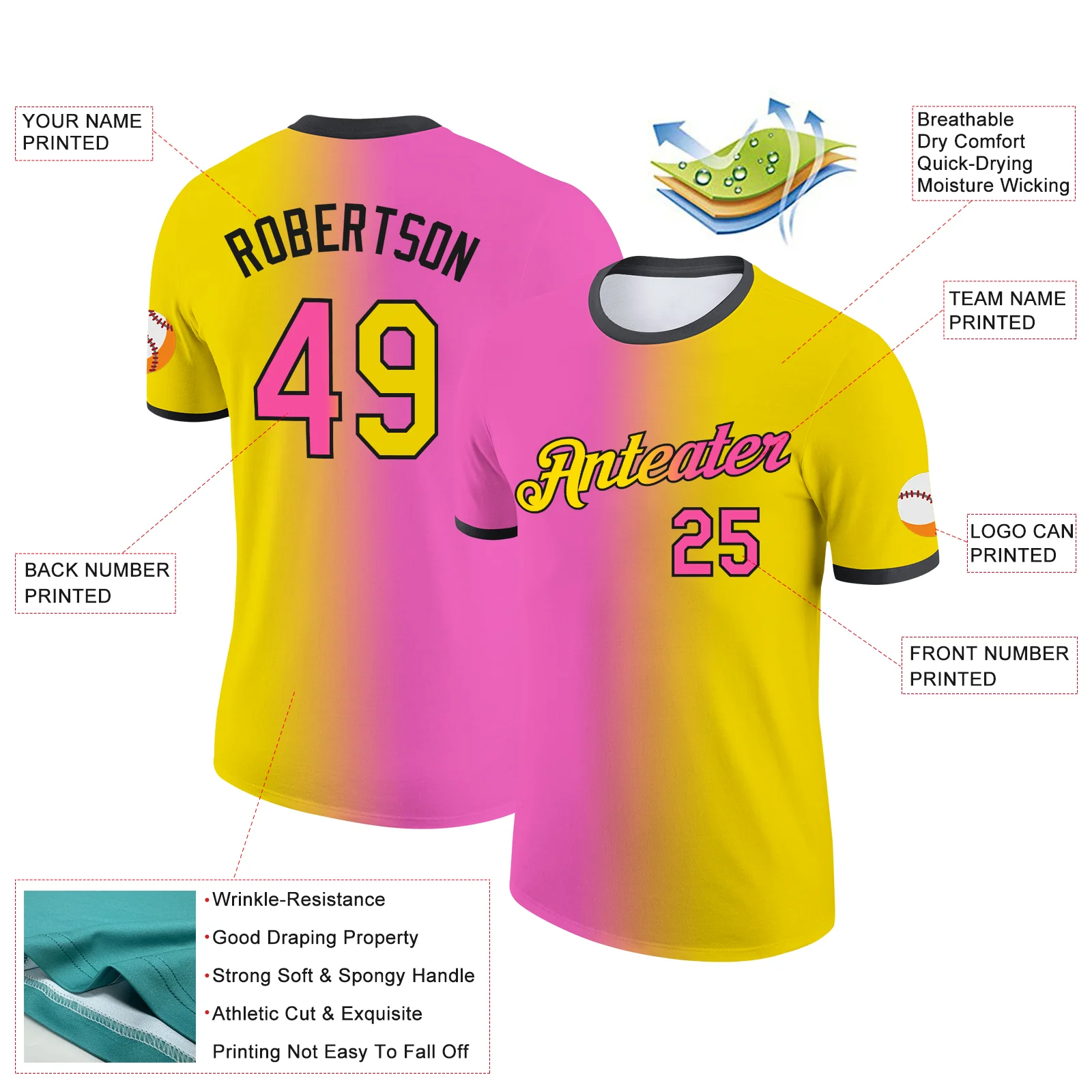Custom Yellow Pink-Black Gradient Fashion Performance T-Shirt - Image 2