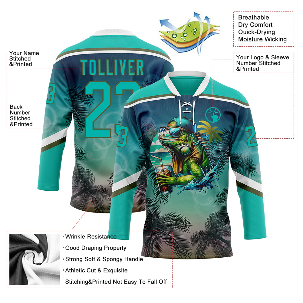 Custom Aqua Blue Olive-White Gradient Hawaii Tropical Palm Trees Hockey Lace Neck Jersey - Image 4