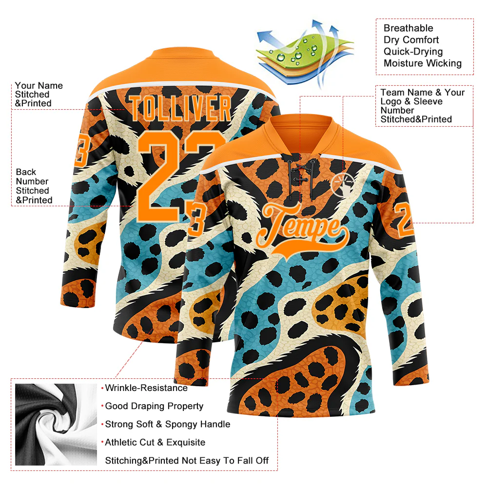 Custom Bay Orange Blue Black-Cream Animal Print Hockey Lace Neck Jersey - Image 5