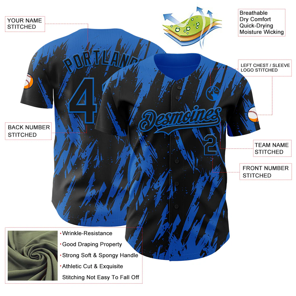Custom Black Blue Splatter Torn Sharp Brush Stroke Authentic Baseball Jersey - Image 3