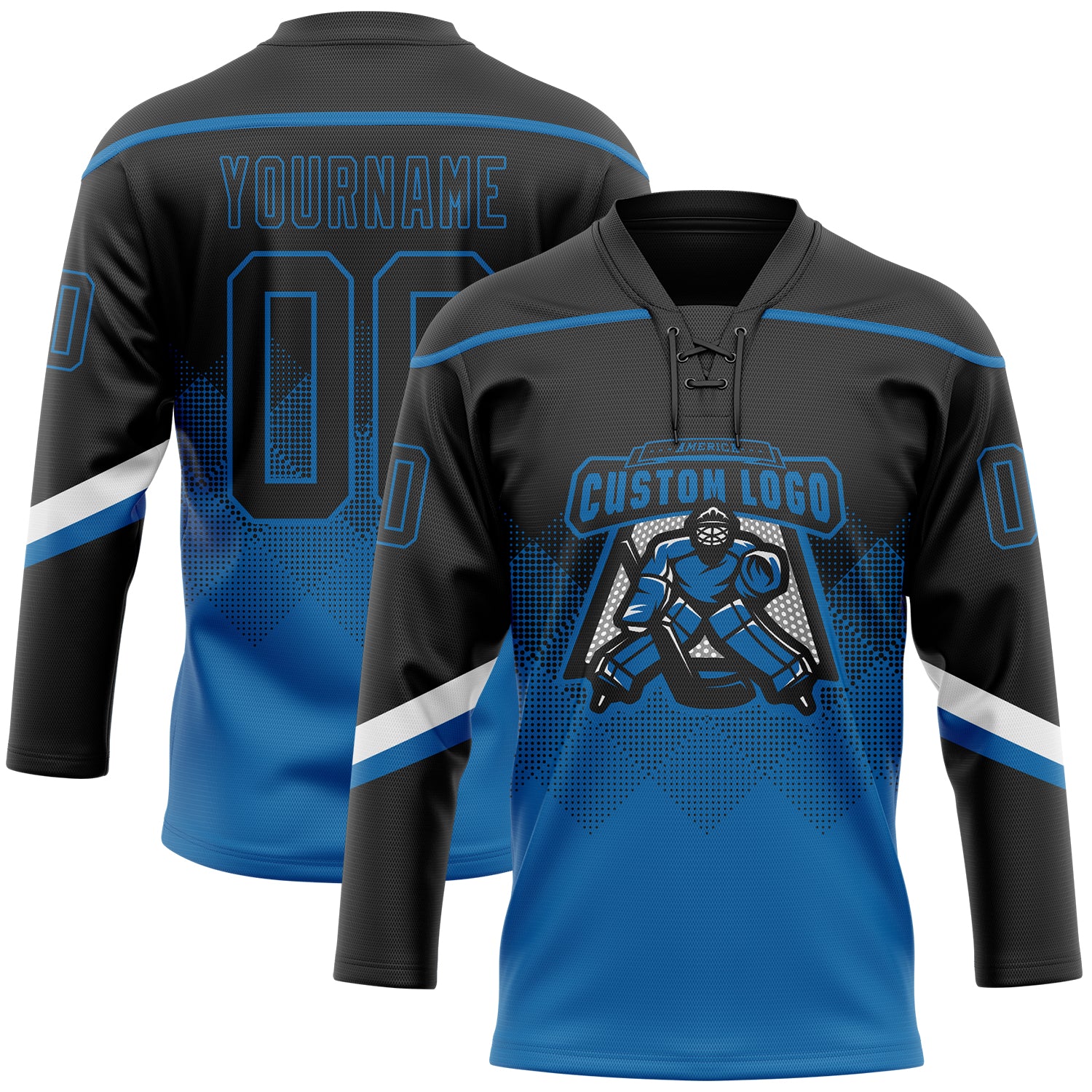Custom Black Blue-White 3D Pattern Gradient Square Shapes Hockey Lace Neck Jersey - Image 2