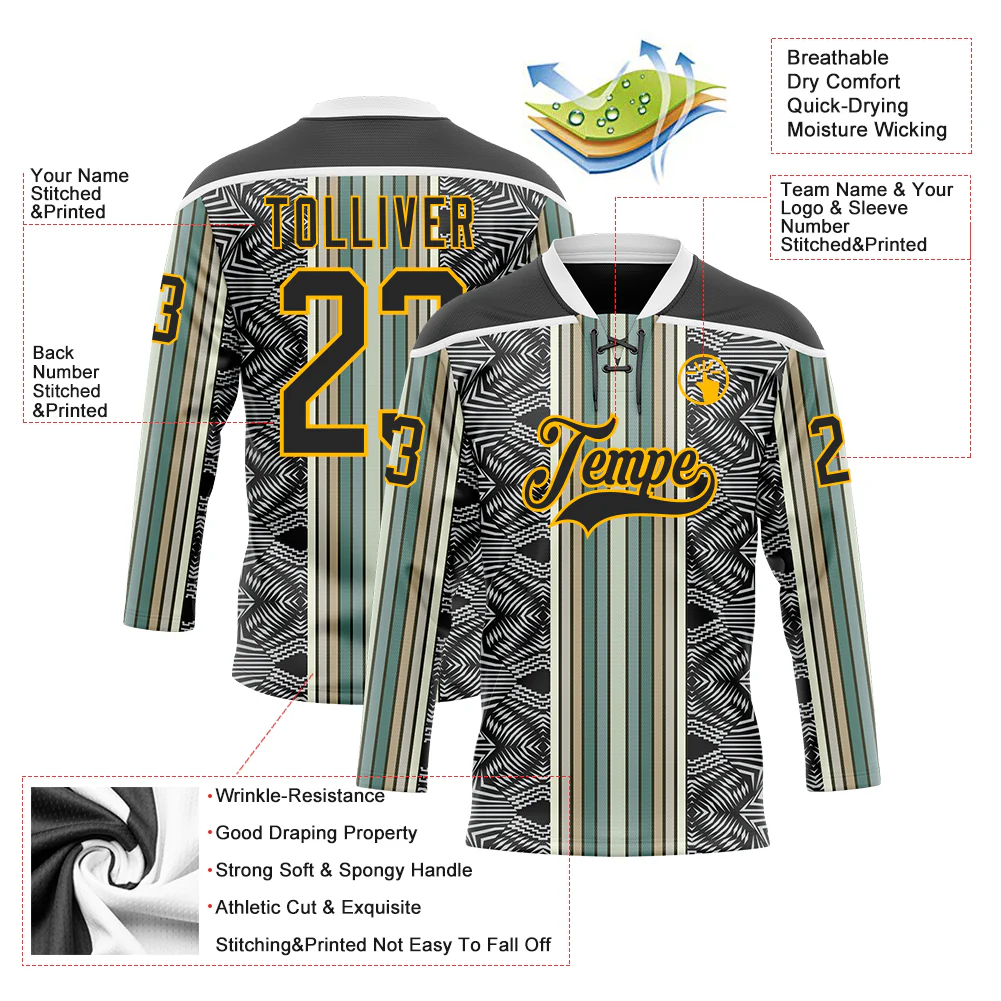 Custom Black Blue Gold-White Stripe Hockey Lace Neck Jersey - Image 5