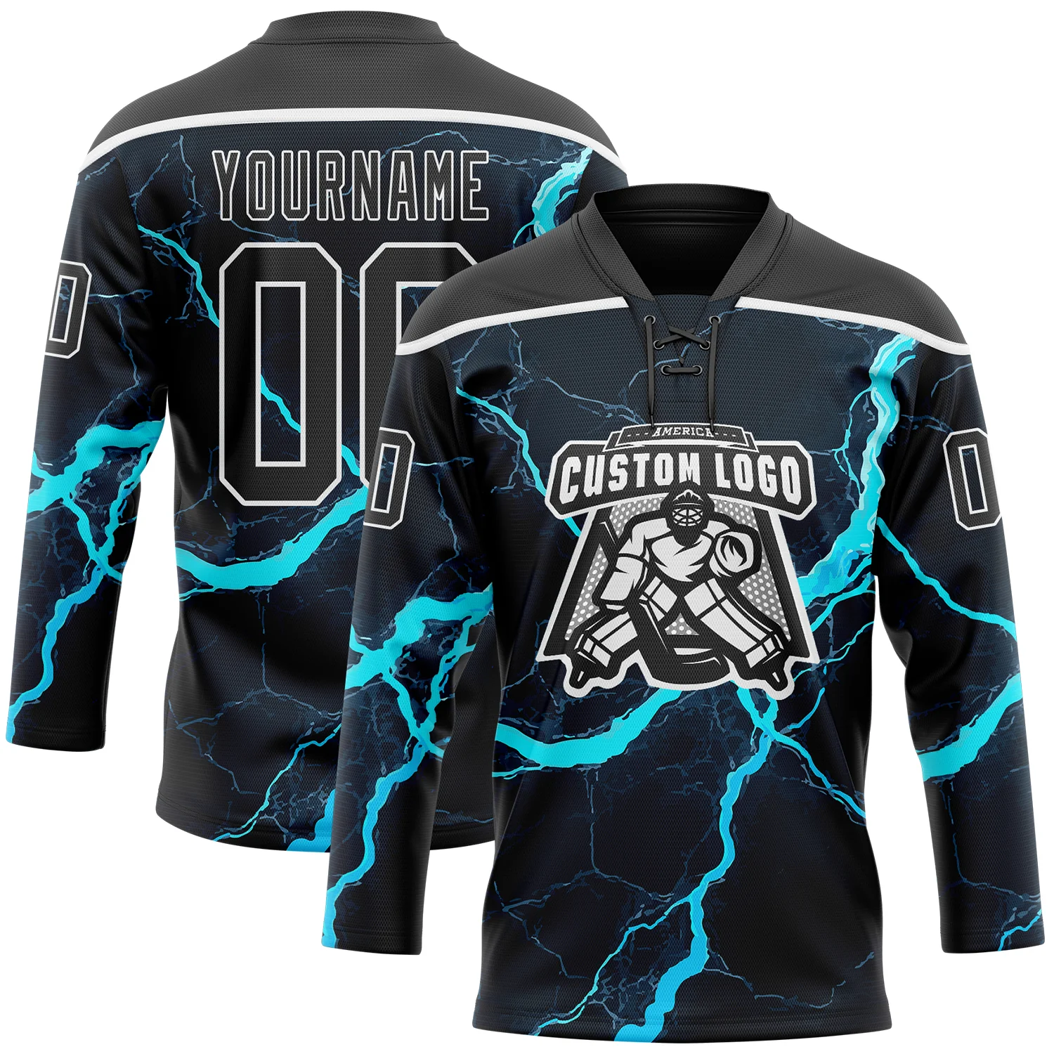 Custom Black Blue-White Lightning Hockey Lace Neck Jersey - Image 2
