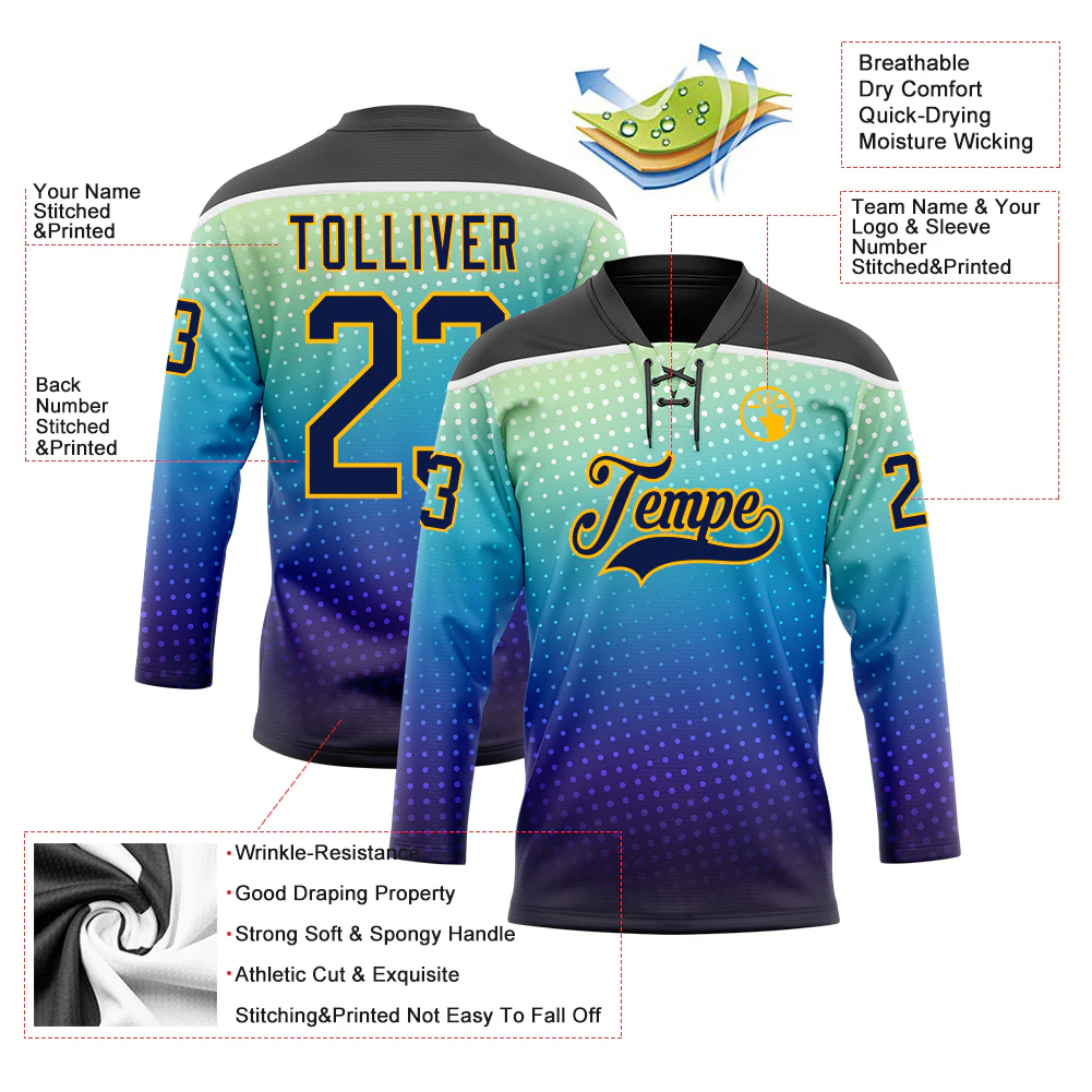 Custom Black Navy Blue Gold-White Abstract Gradient Halftone Pattern Hockey Lace Neck Jersey - Image 5