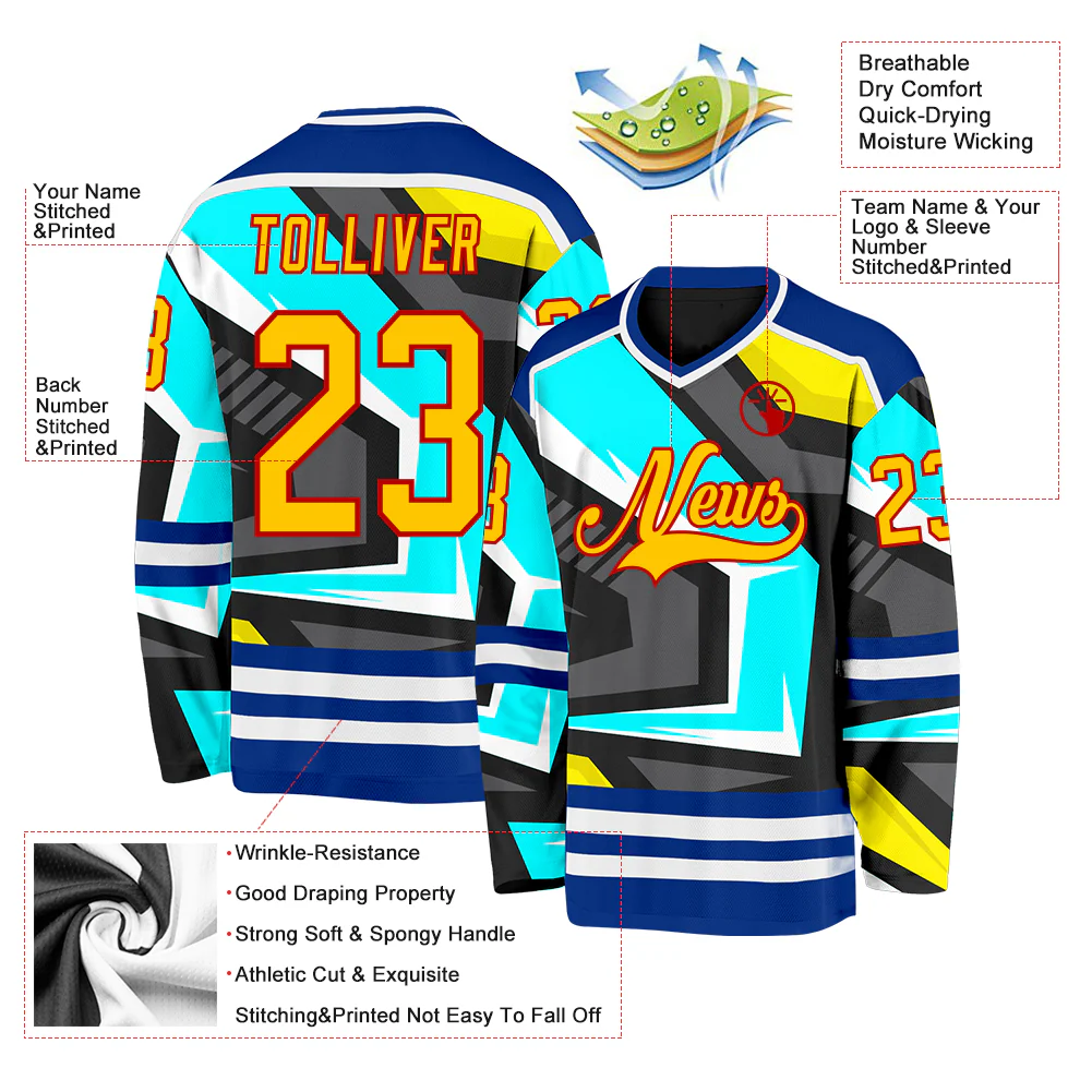 Custom Black Yellow Blue Royal Red-White Cyber Mecha E-sport Hockey Jersey - Image 5