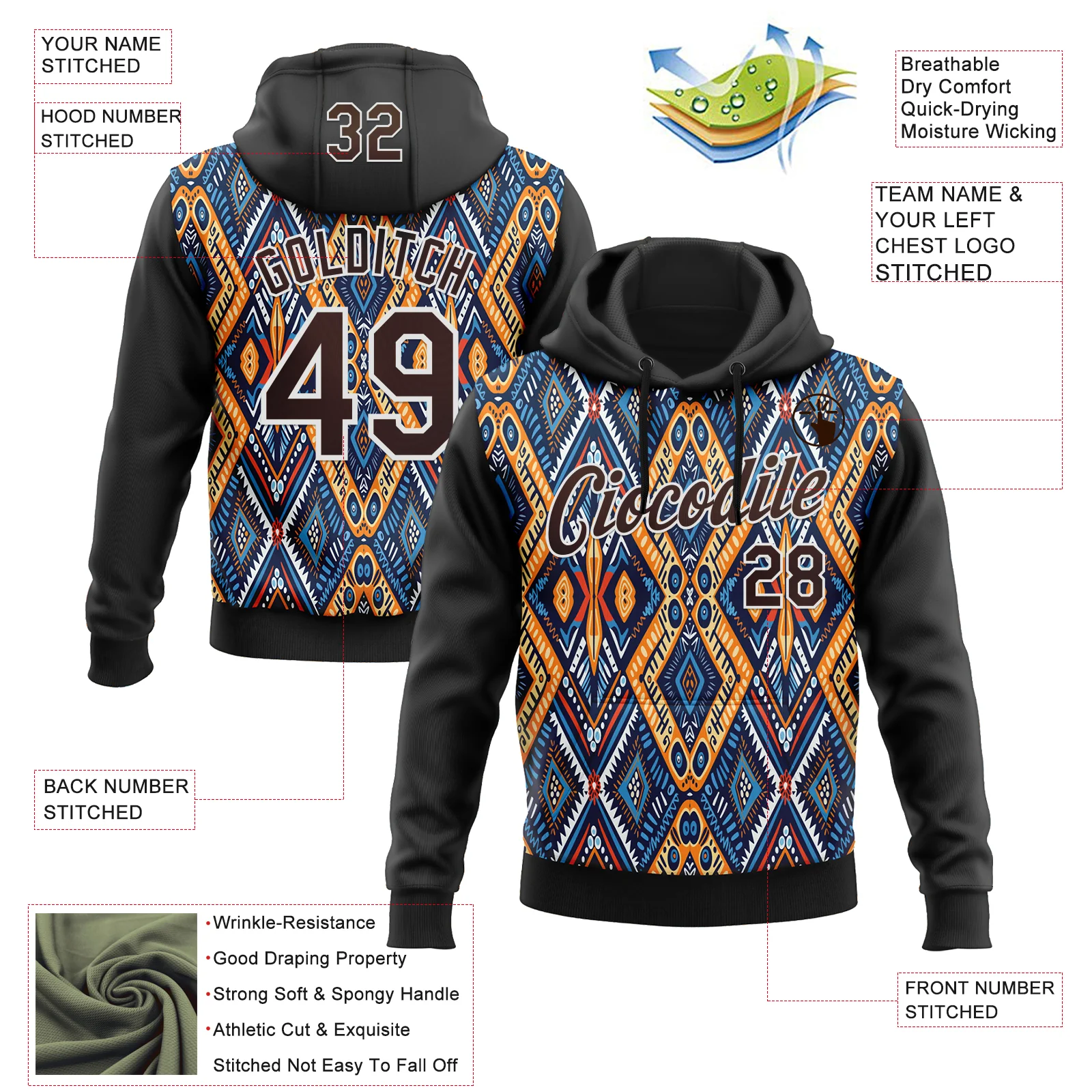 Custom Stitched Black Brown Blue Orange-White 3D Mexico Aztec Pattern Sports Pullover Sweatshirt Hoodie - Image 2