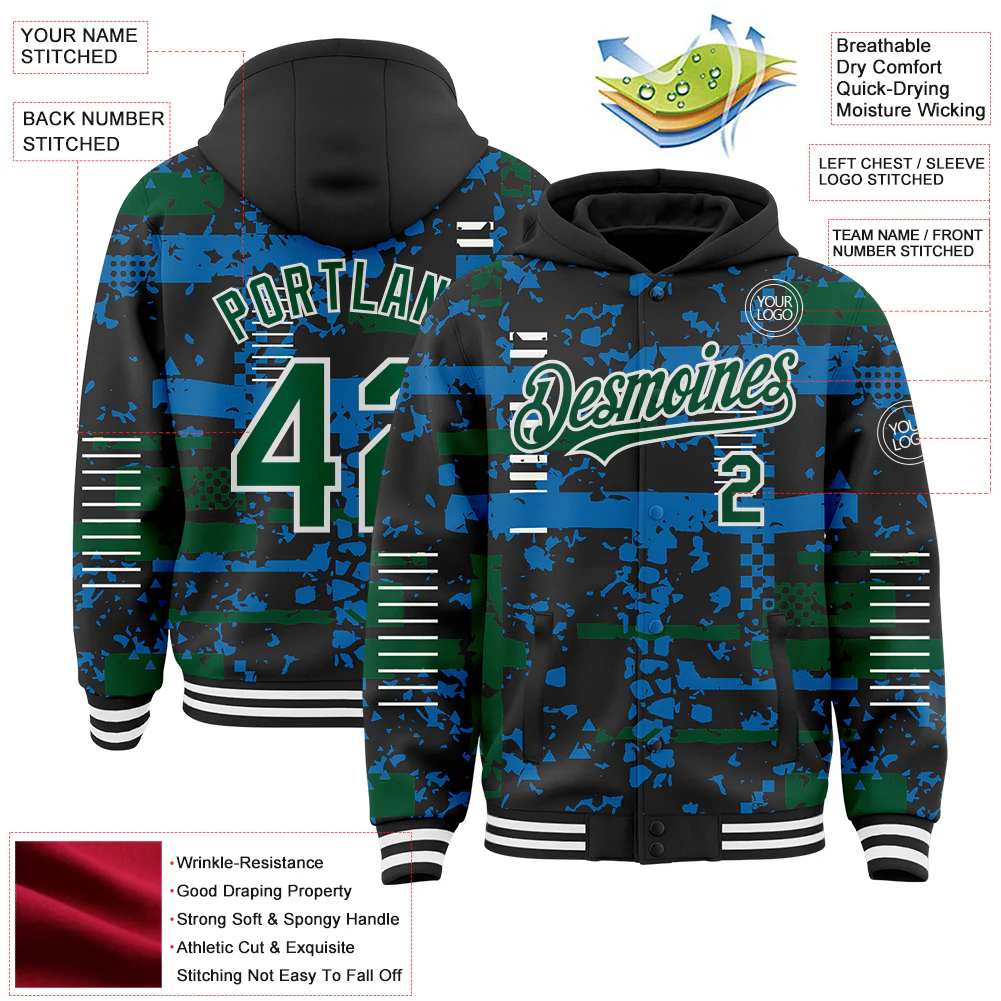 Custom Black Kelly Green Blue-White Abstract Fragment Shape Bomber Full-Snap Varsity Letterman Hoodie Jacket - Image 4