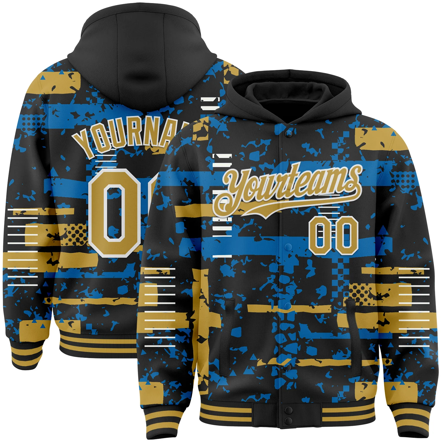 Custom Black Old Gold Blue-White Abstract Fragment Shape Bomber Full-Snap Varsity Letterman Hoodie Jacket