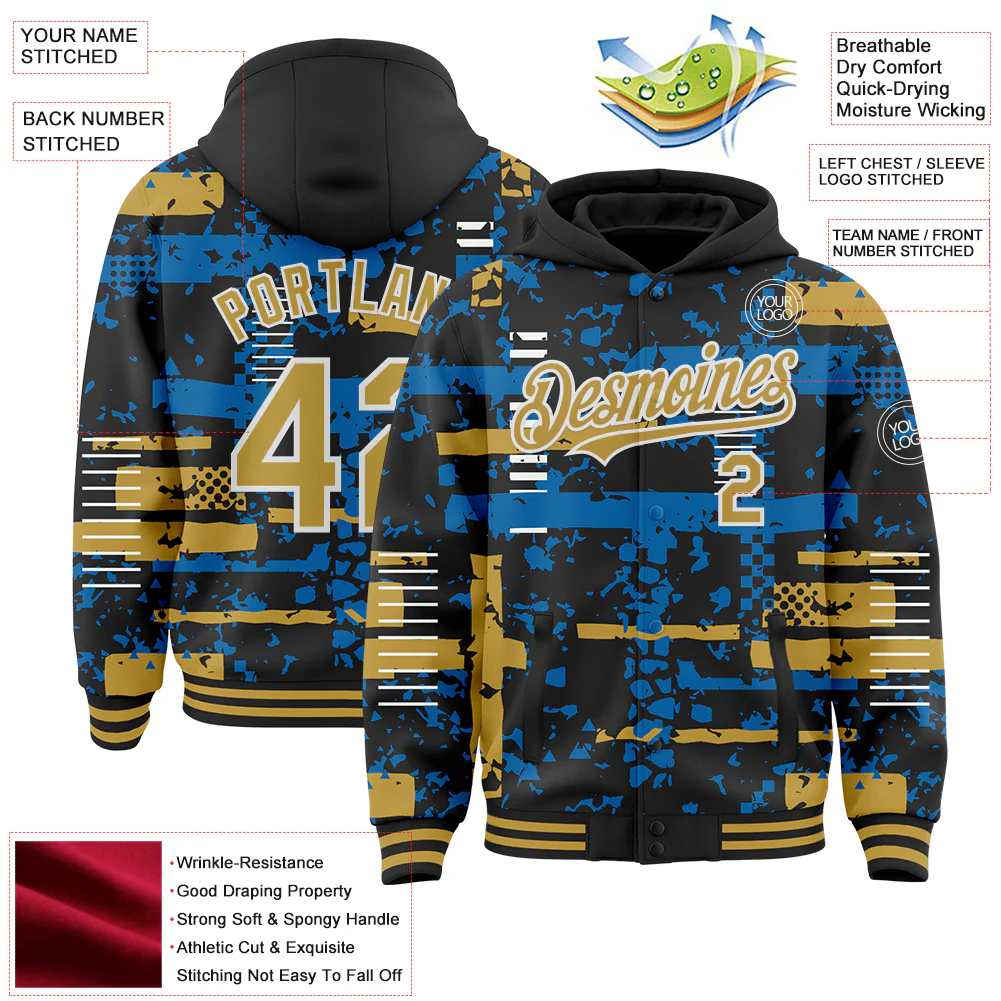 Custom Black Old Gold Blue-White Abstract Fragment Shape Bomber Full-Snap Varsity Letterman Hoodie Jacket - Image 4