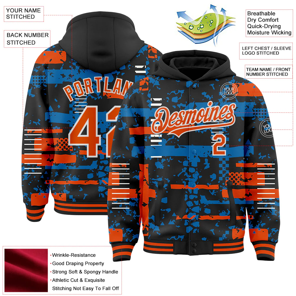 Custom Black Orange Blue-White Abstract Fragment Shape Bomber Full-Snap Varsity Letterman Hoodie Jacket - Image 4