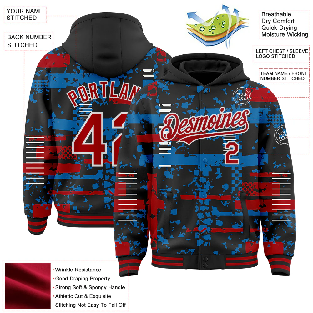 Custom Black Red Blue-White Abstract Fragment Shape Bomber Full-Snap Varsity Letterman Hoodie Jacket - Image 4