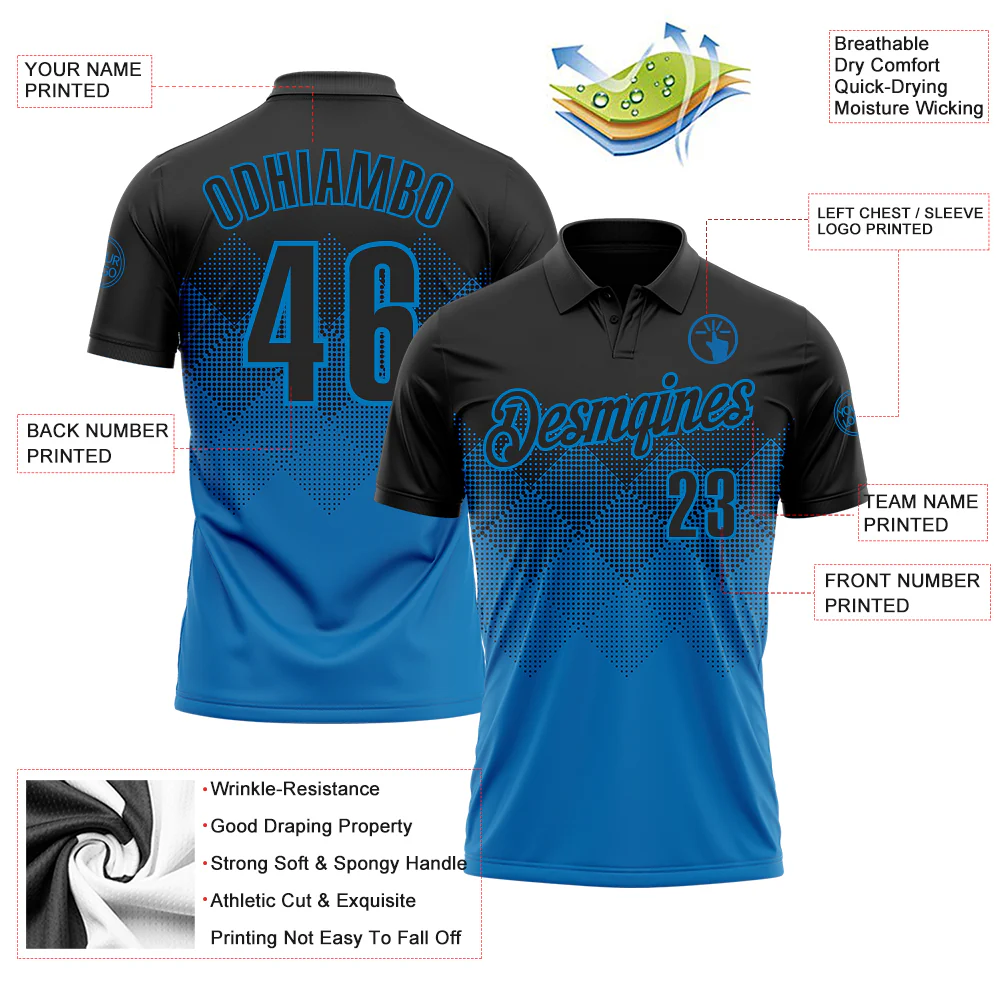 Custom Black Blue 3D Pattern Design Gradient Square Shape Performance Polo Shirt - Image 3