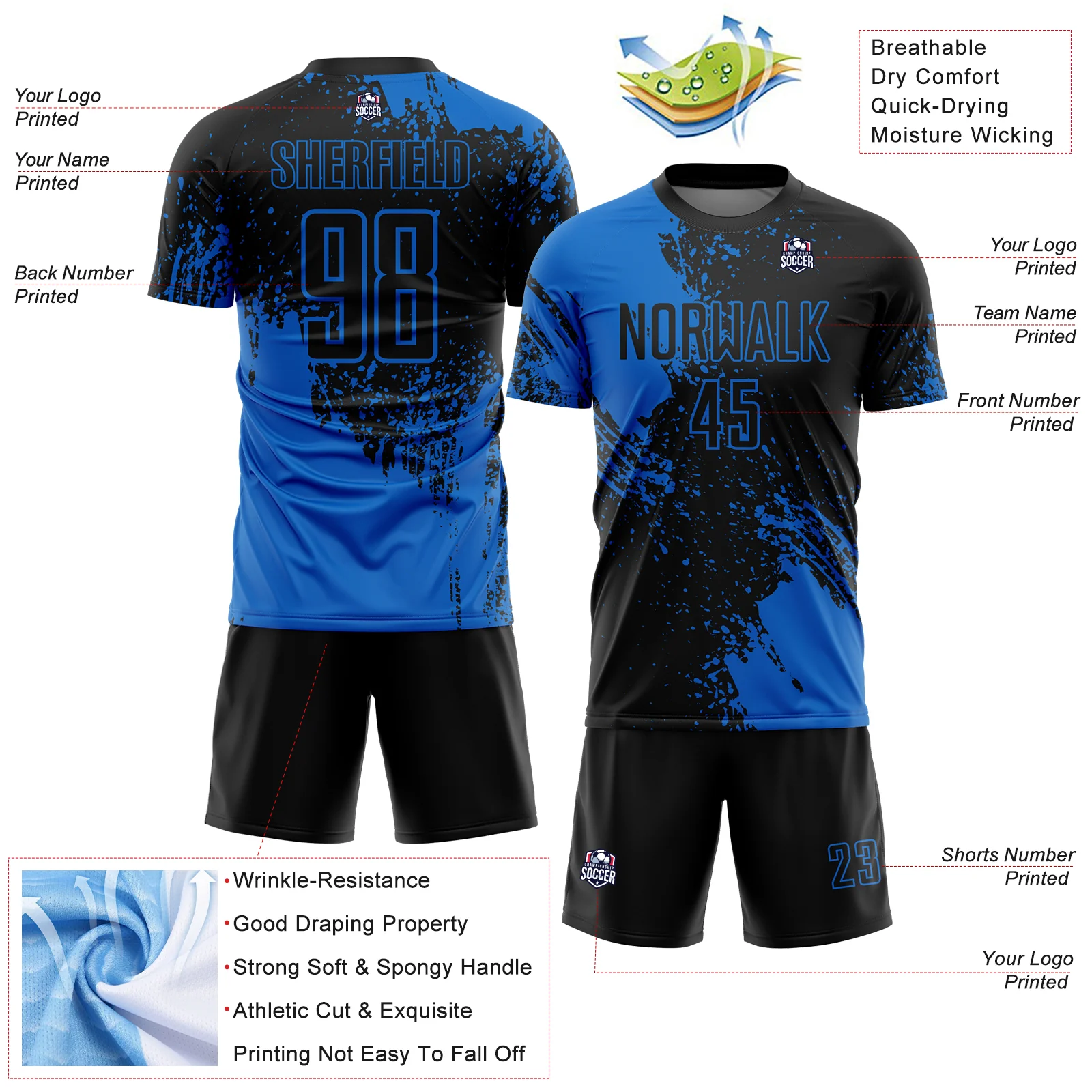 Custom Black Blue Abstract Brush Stroke Sports Sublimation Soccer Uniform Jersey - Image 4