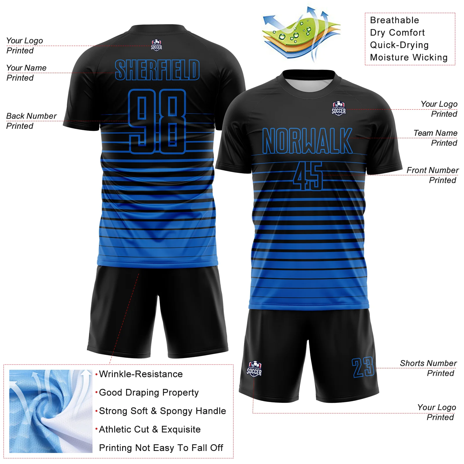 Custom Black Blue Gradient Pinstripe Sublimation Soccer Uniform Jersey - Image 4