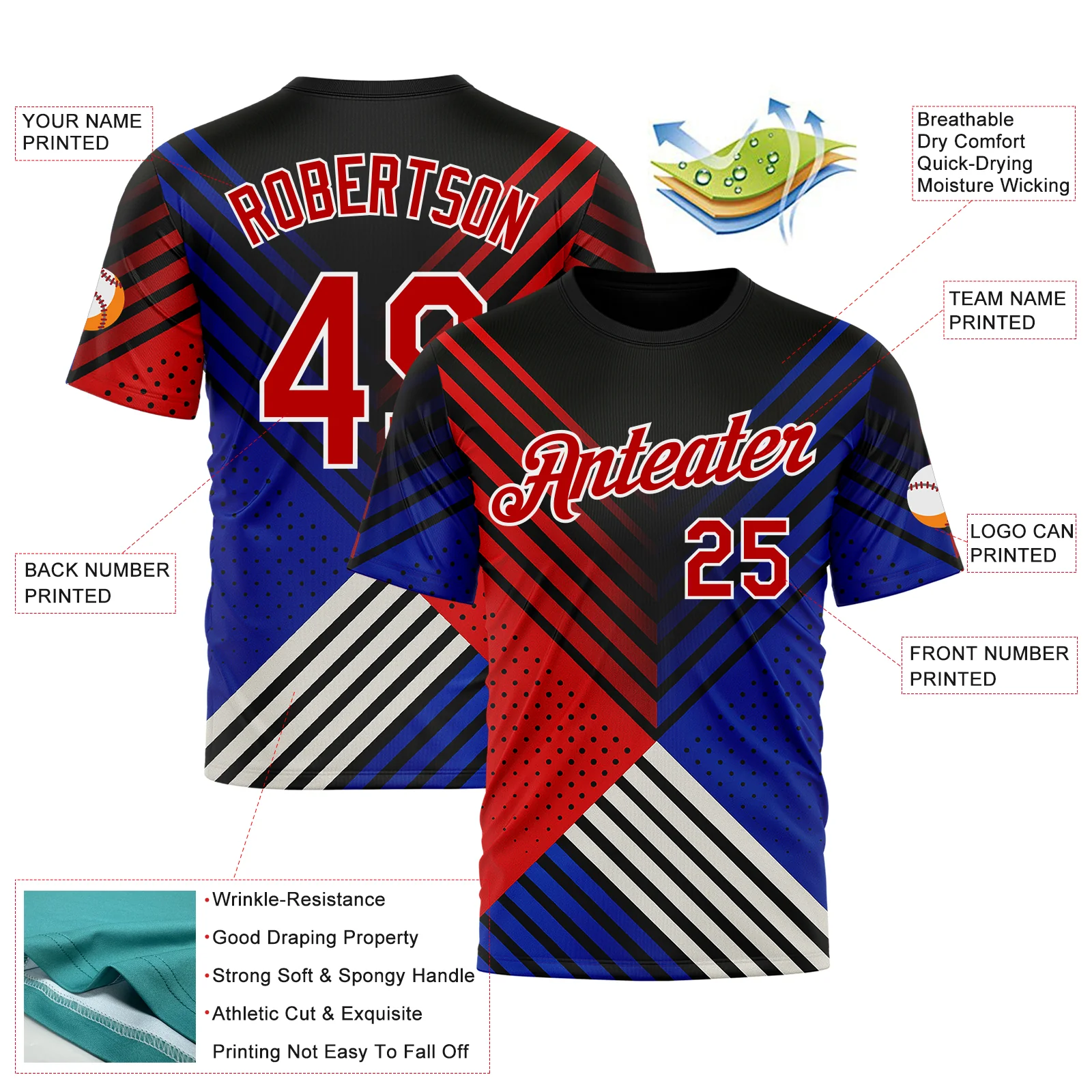 Custom Black Red Blue-White 3D Pattern Design USA Inspired America Sportswear Performance T-Shirt - Image 2