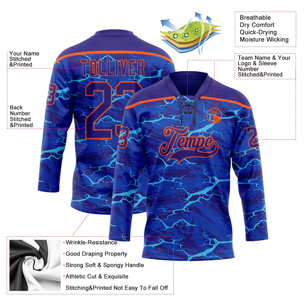 Custom Dark Purple Blue-Orange Lightning Hockey Lace Neck Jersey - Image 5