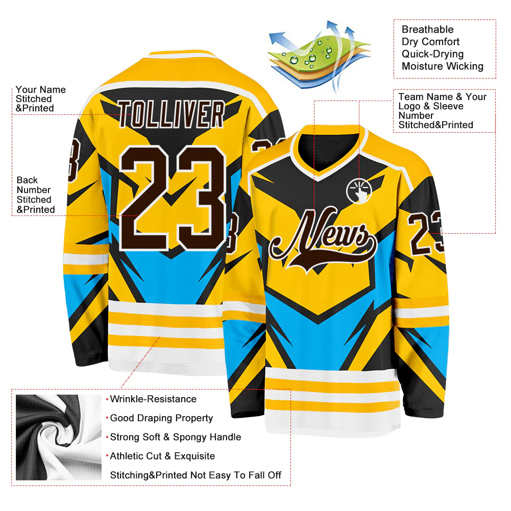 Custom Gold Brown Blue Black-White Cyber Mecha E-sport Hockey Jersey - Image 5
