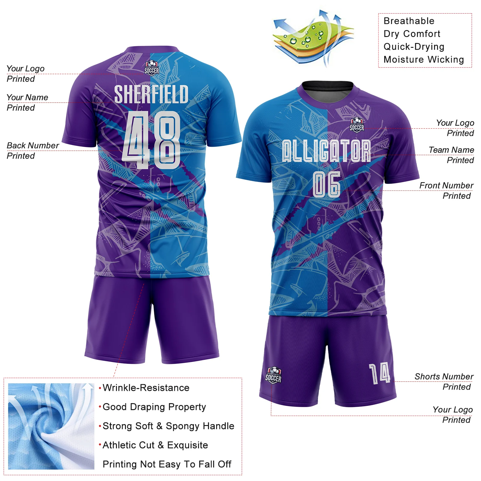 Custom Graffiti Pattern Blue-Purple Scratch Sublimation Soccer Uniform Jersey - Image 4