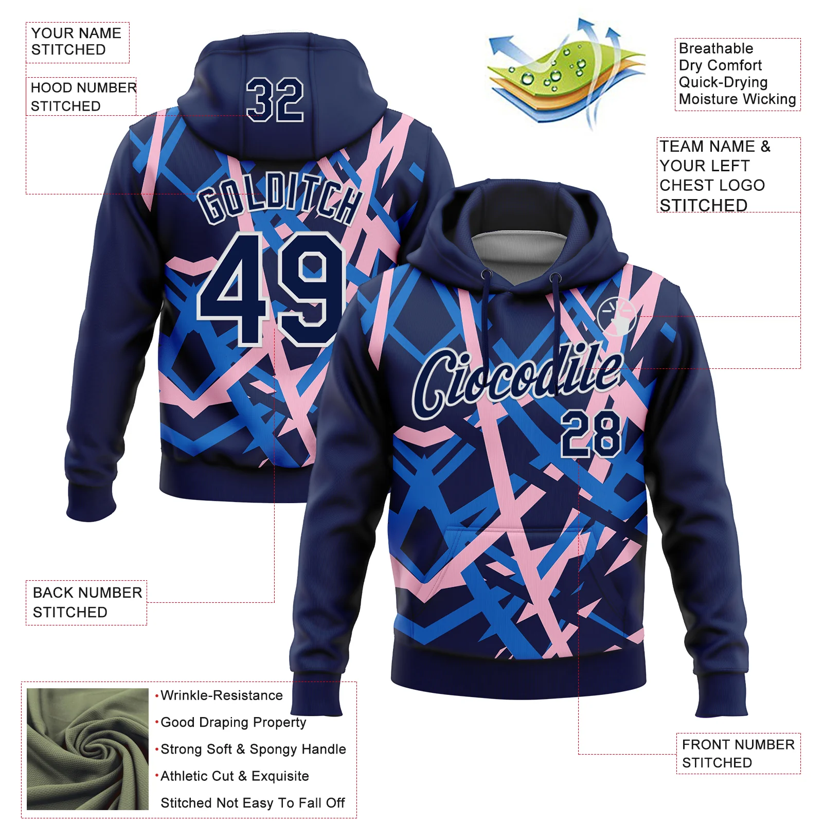 Custom Stitched Navy Blue Light Pink-White 3D Pattern Design Geometric Shape Sports Pullover Sweatshirt Hoodie - Image 2