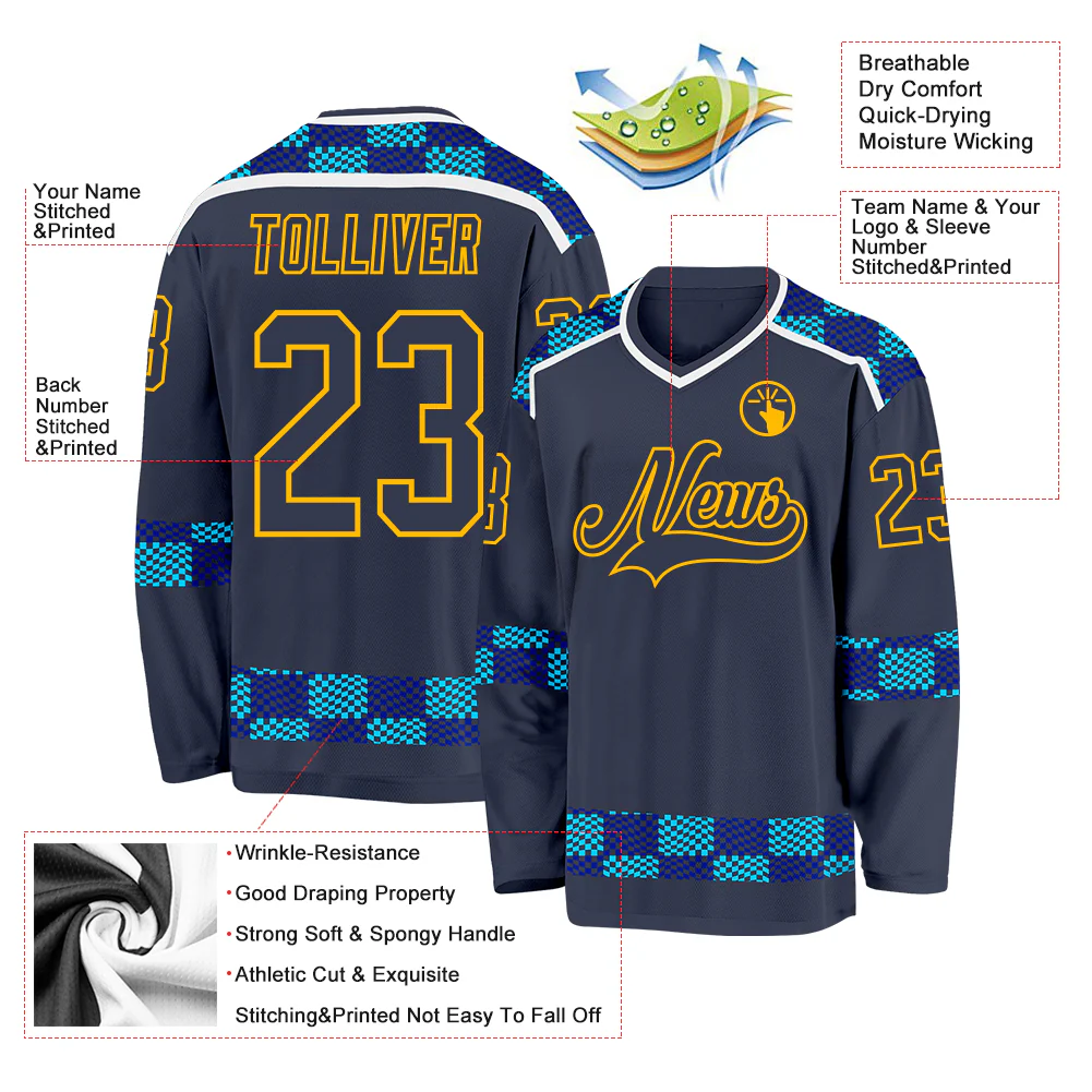 Custom Navy Blue Gold-White Plaid Hockey Jersey - Image 5