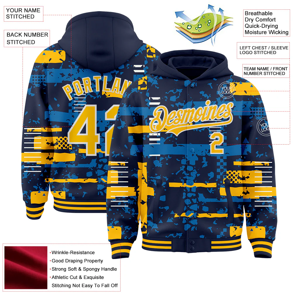 Custom Navy Gold Blue-White Abstract Fragment Shape Bomber Full-Snap Varsity Letterman Hoodie Jacket - Image 4