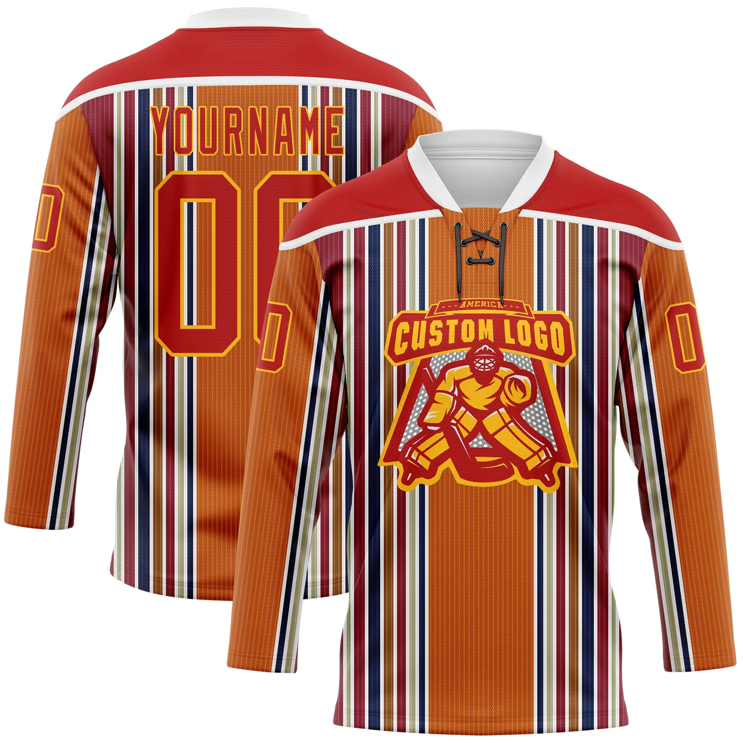 Custom Orange Red Blue Gold-White Stripe Hockey Lace Neck Jersey - Image 2