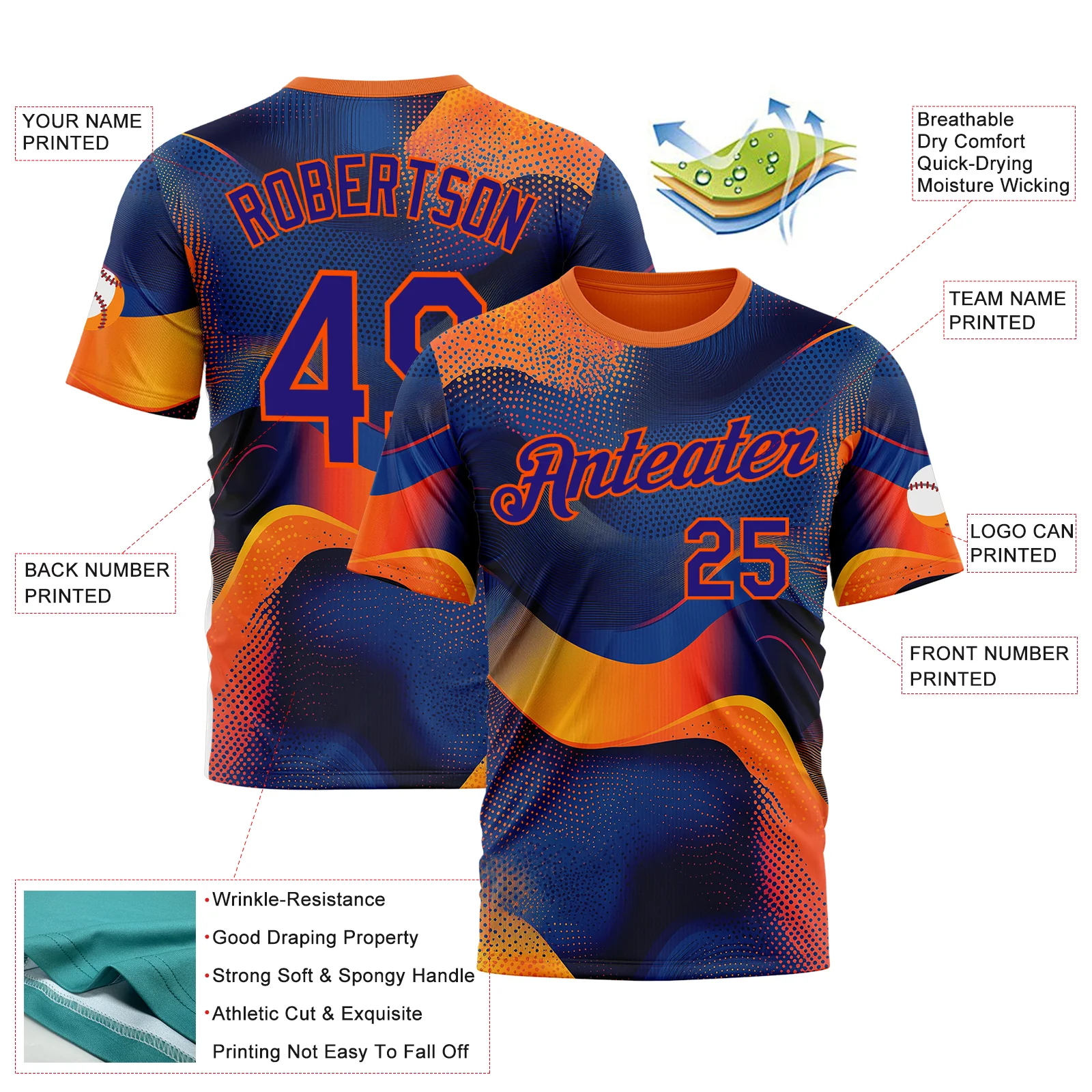 Custom Orange Dark Purple-Blue 3D Pattern Design Gradient Sportswear Performance T-Shirt - Image 2
