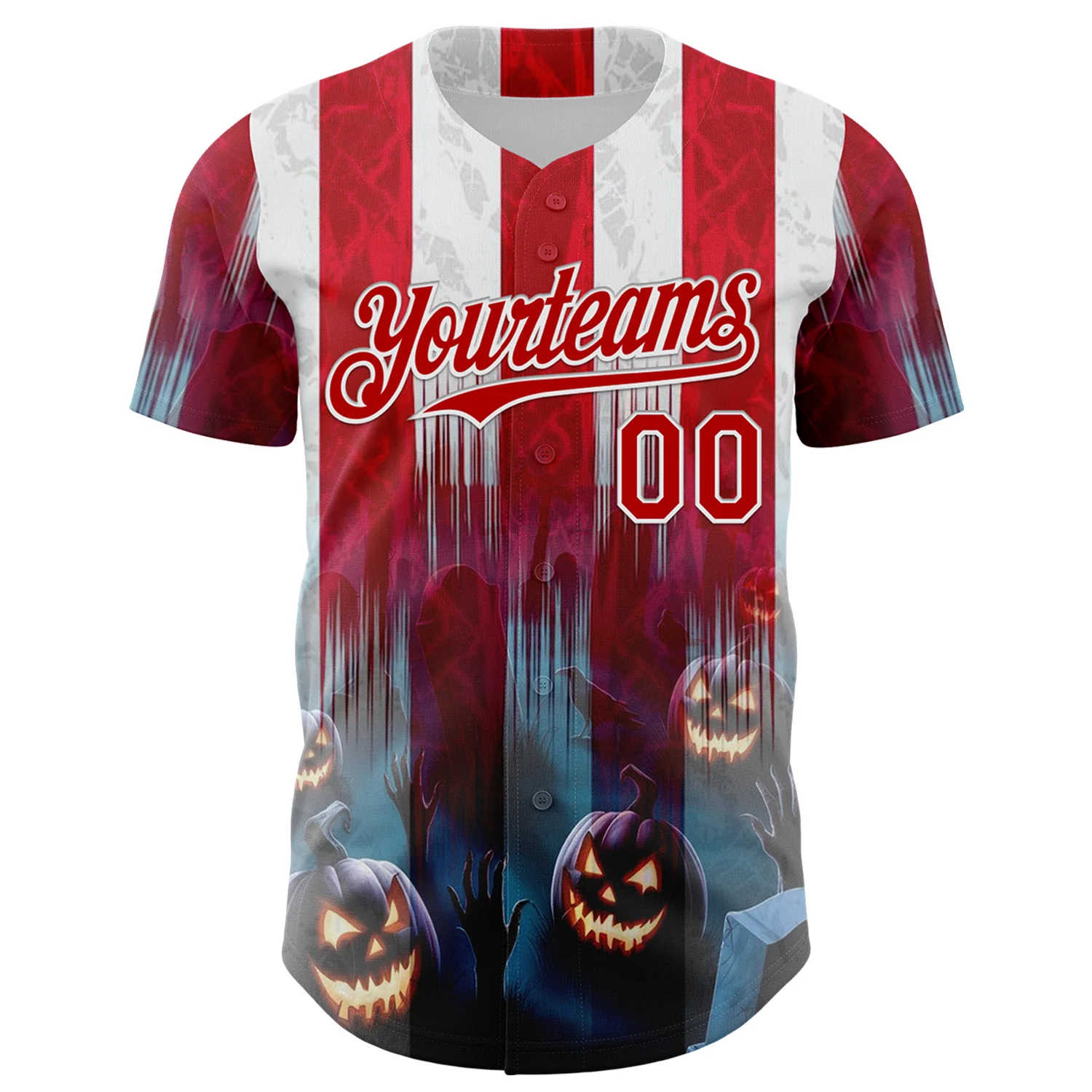Custom Red Blue-White 3D Halloween Spooky Pumpkin Stripe Authentic Baseball Jersey - Image 2