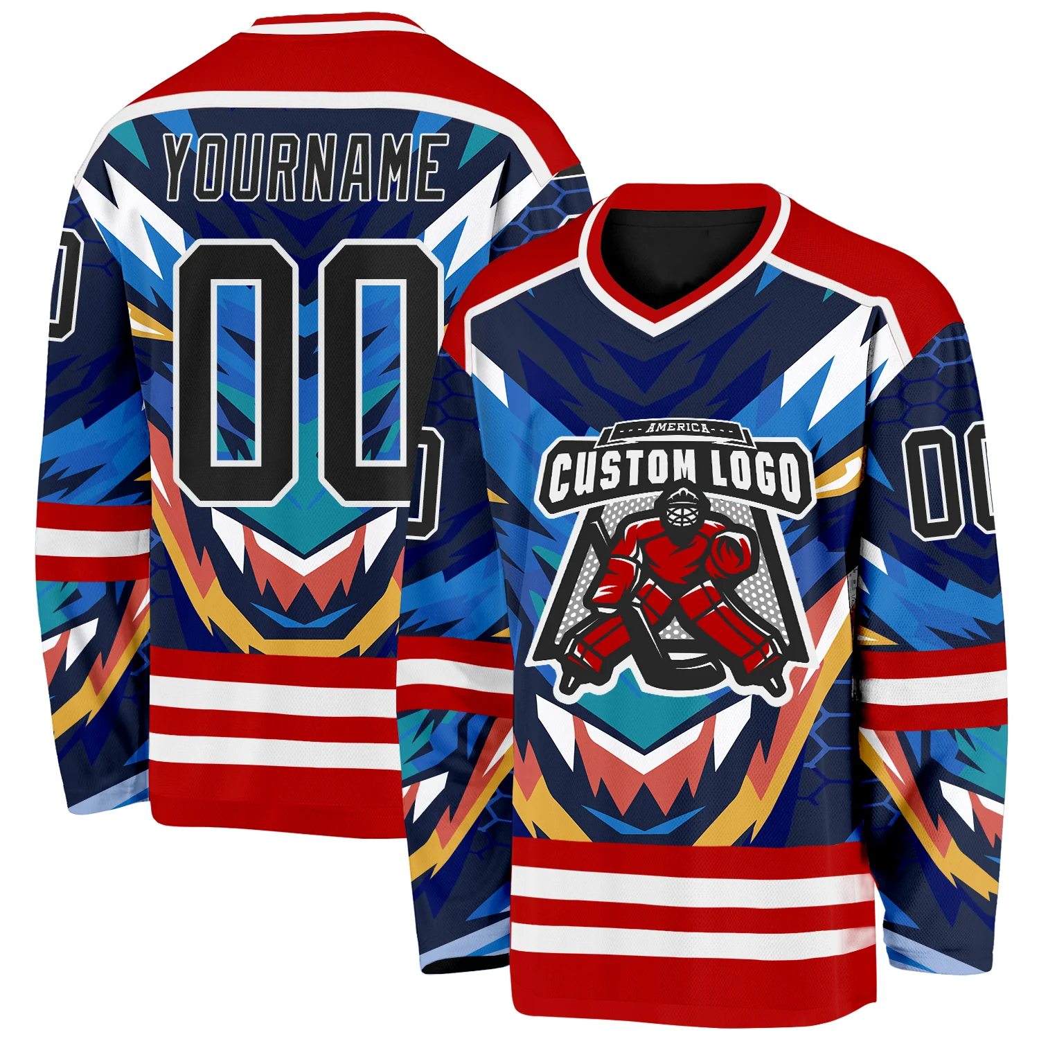 Custom Red Black Blue Yellow-White Cyber Mecha E-sport Hockey Jersey - Image 2