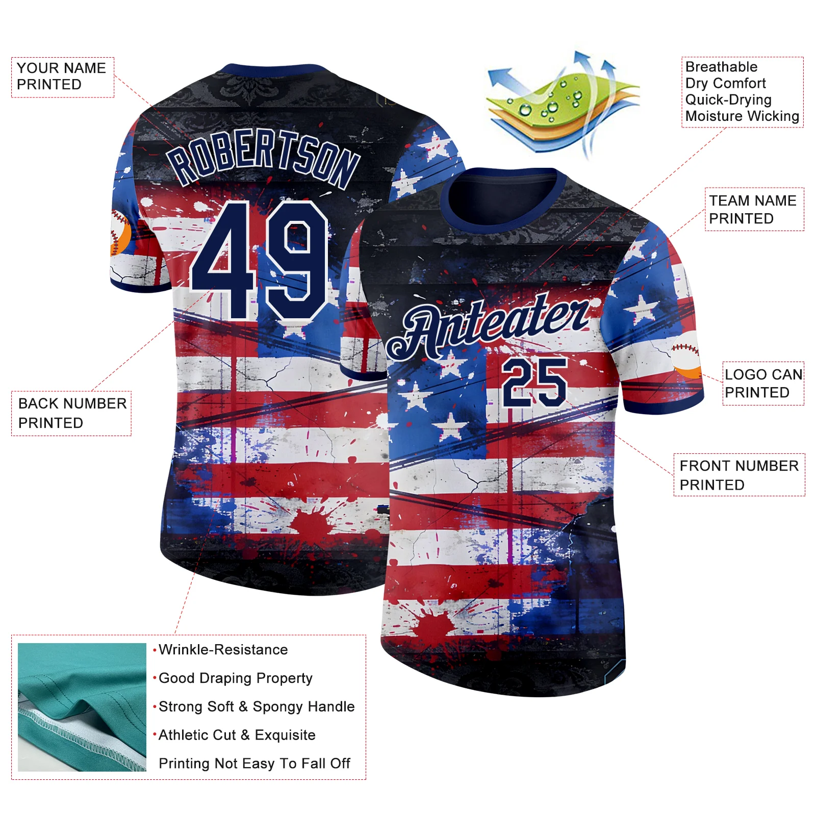 Custom Red Navy Blue Black-White USA Flag Splash Soccer Jersey Performance T-Shirt - Image 2