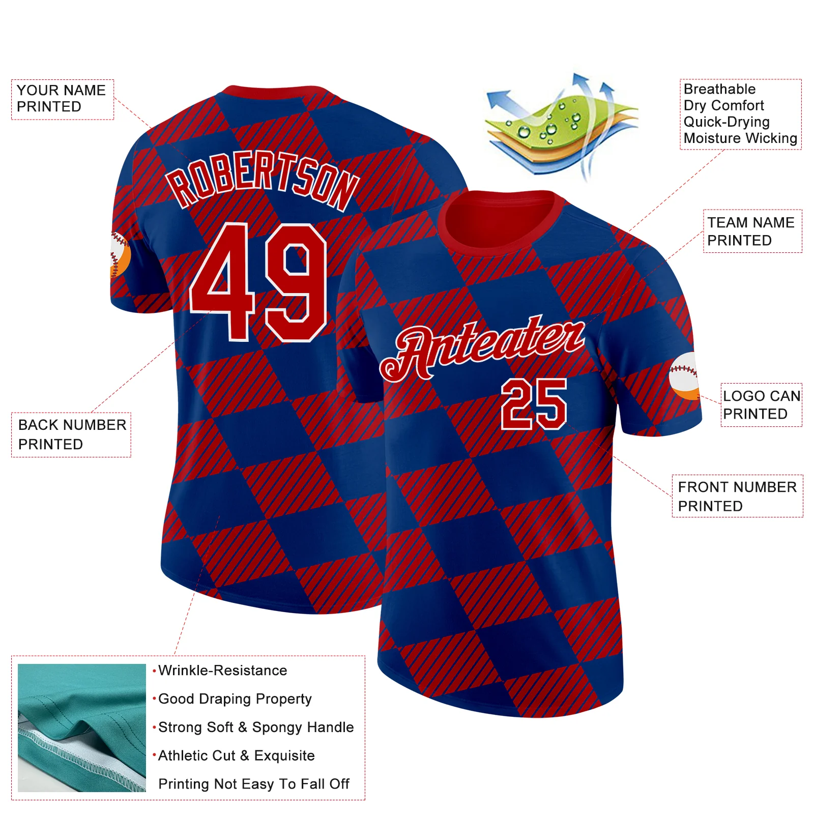 Custom Red Blue-White Netherlands Line And Geometric Shapes Soccer Jersey Performance T-Shirt - Image 2