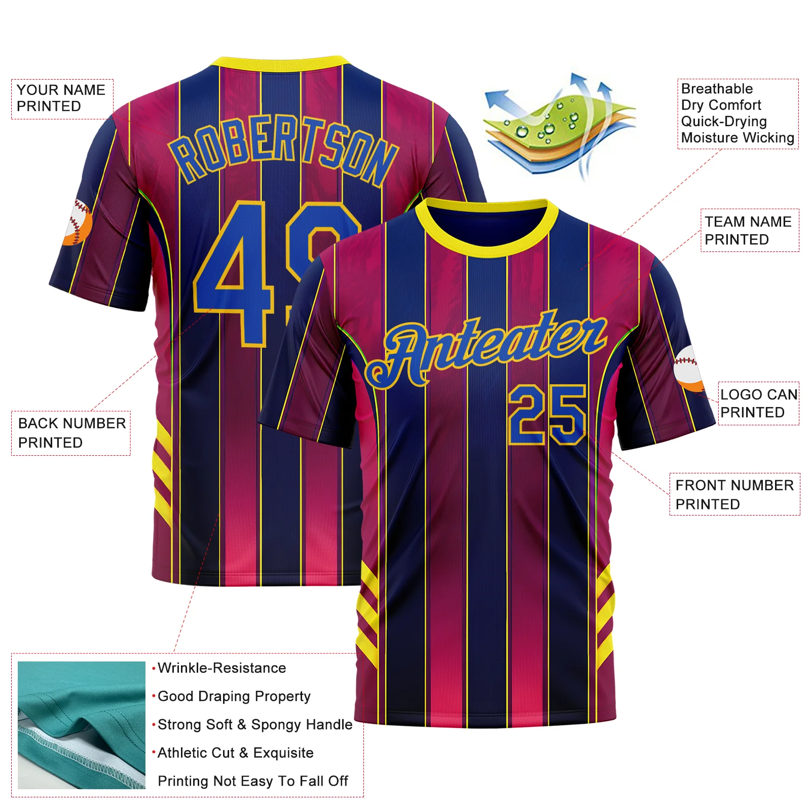Custom Red Thunder Blue Blue-Yellow 3D Pattern Design Stripe Sportswear Performance T-Shirt - Image 2