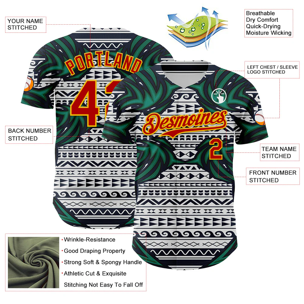 Custom White Red Blue Green-Yellow 3D Pattern Design Burner Costumes Tribal Authentic Baseball Jersey - Image 3
