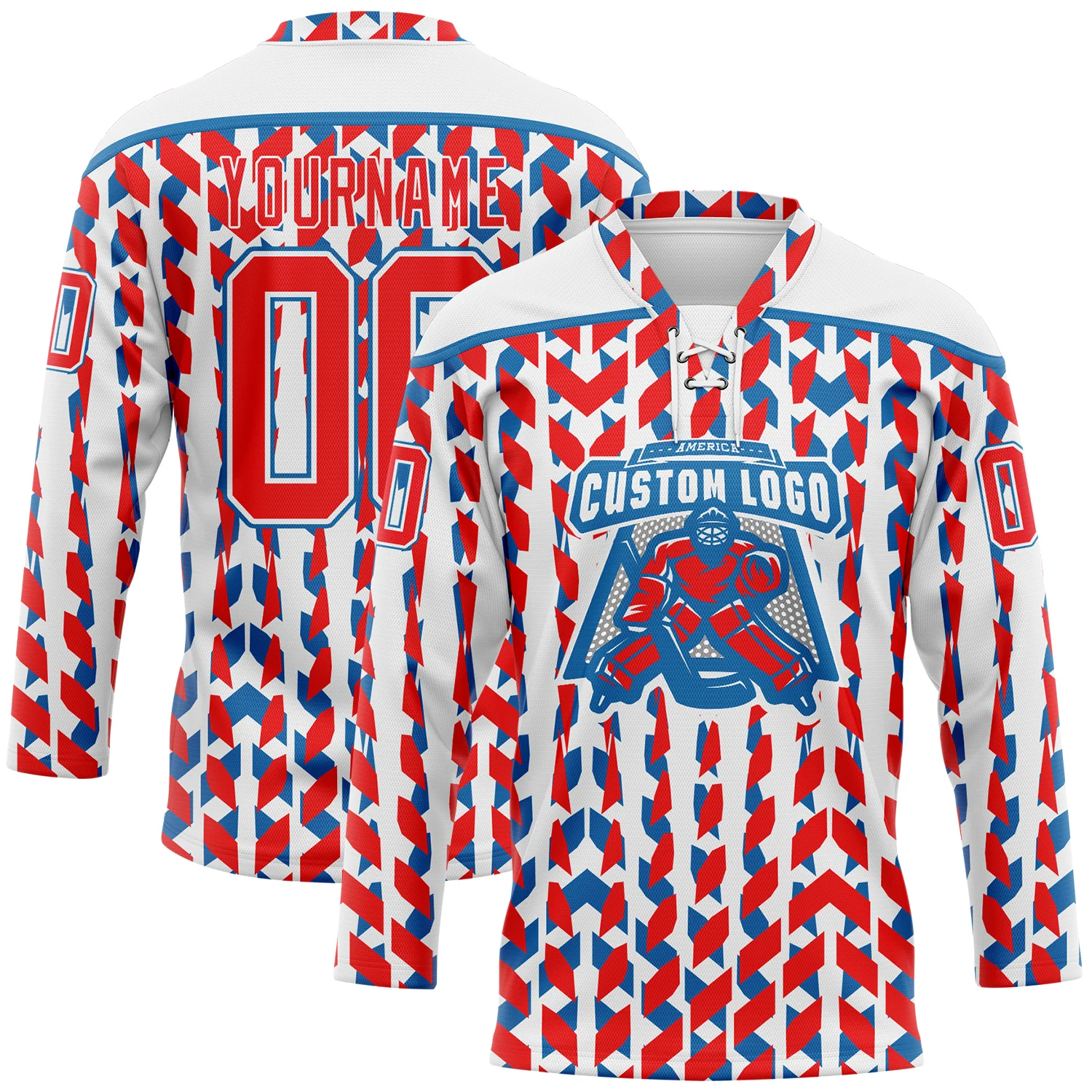 Custom White Fire Red-Blue American Flag Hockey Lace Neck Jersey - Image 2