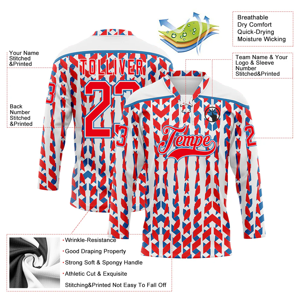 Custom White Fire Red-Blue American Flag Hockey Lace Neck Jersey - Image 5