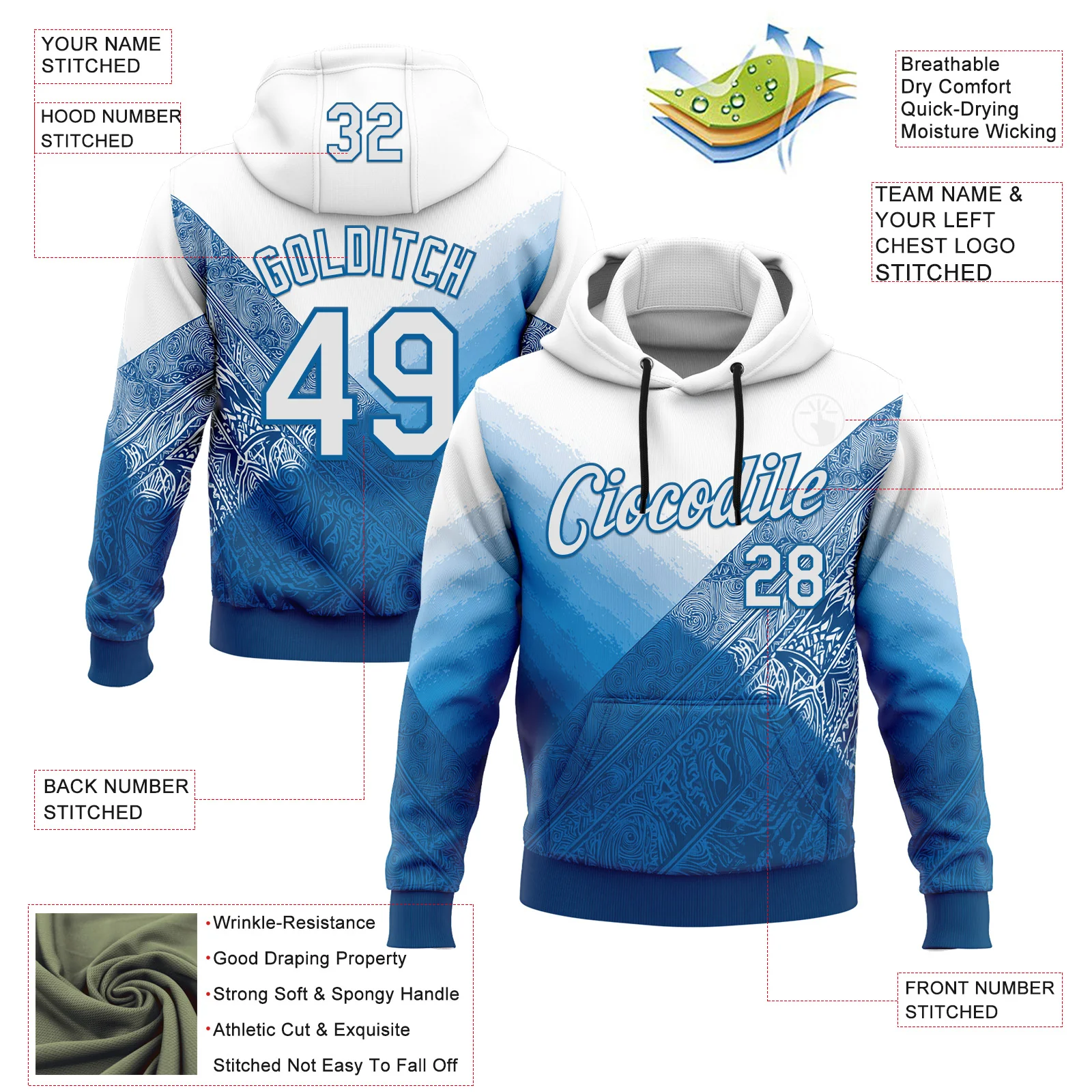 Custom Stitched White Blue 3D Pattern Design Argentine Inspired Geometric Tribal Sportswear Pullover Sweatshirt Hoodie - Image 2