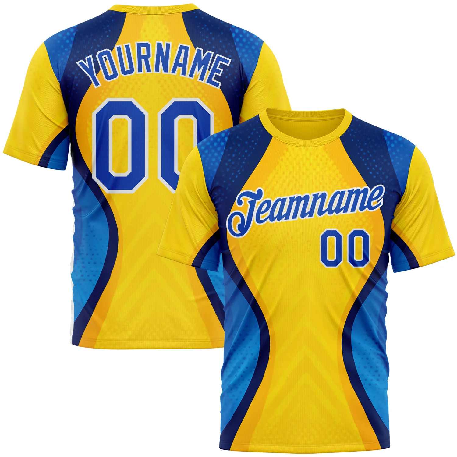 Custom Yellow Thunder Blue Blue-White 3D Pattern Design Brazil Color Block Sportswear Performance T-Shirt