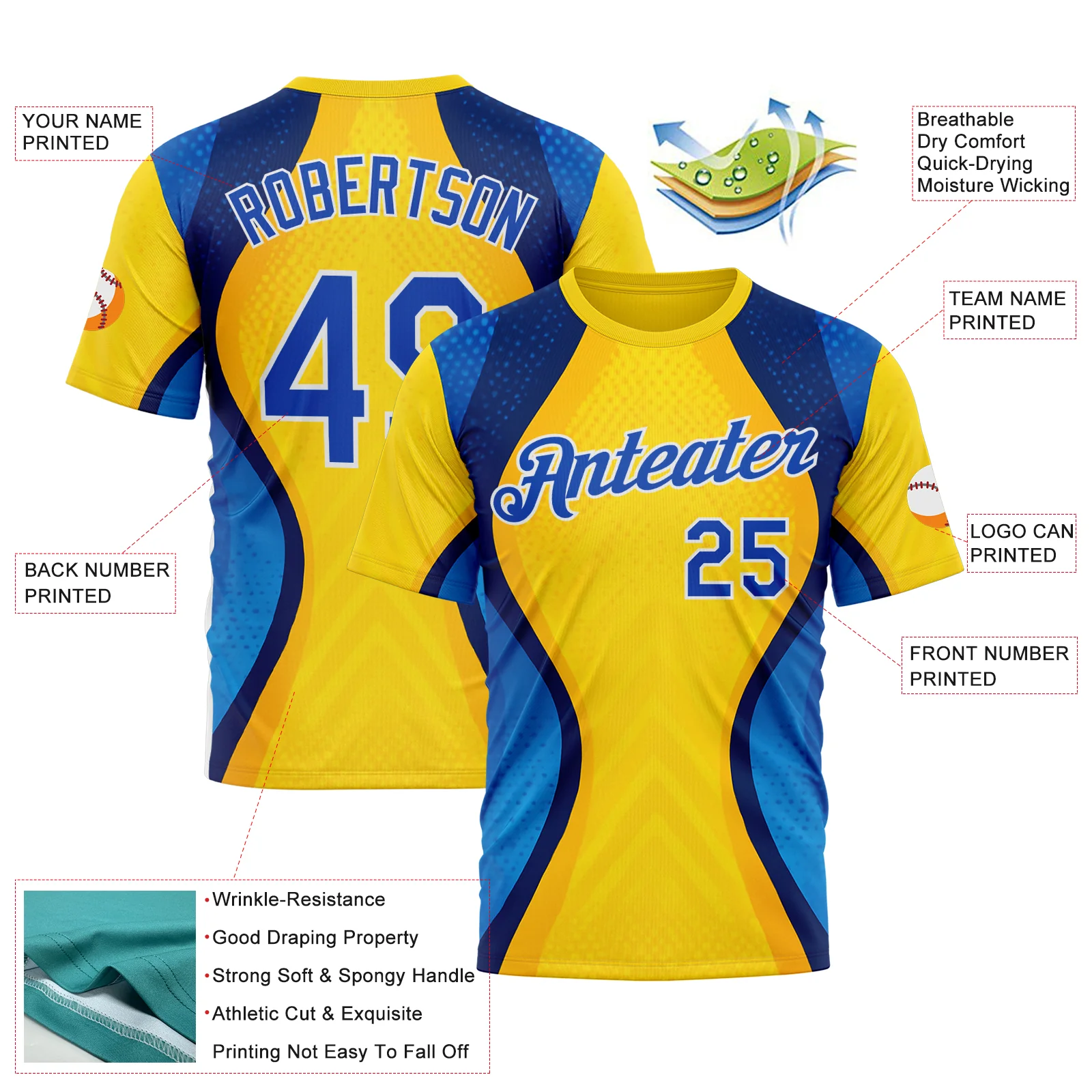 Custom Yellow Thunder Blue Blue-White 3D Pattern Design Brazil Color Block Sportswear Performance T-Shirt - Image 2
