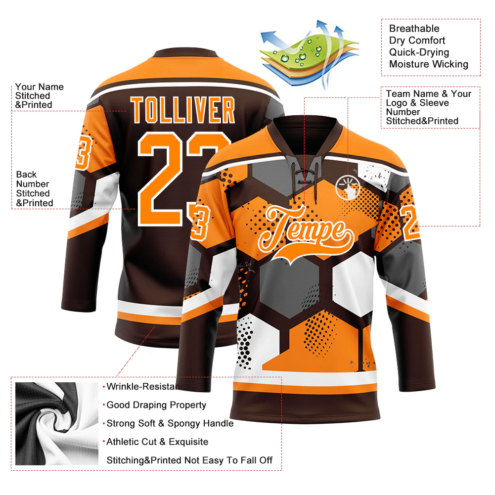 Custom Bay Orange Brown-White 3D Pattern Geometric Shape Hockey Lace Neck Jersey - Image 5