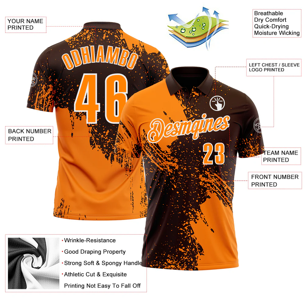 Custom Bay Orange Brown-White 3D Pattern Design Abstract Brush Stroke Performance Polo Shirt - Image 3