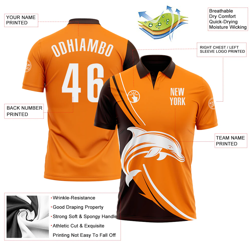 Custom Bay Orange White-Brown 3D Pattern Design Animal Dolphin Performance Polo Shirt - Image 3