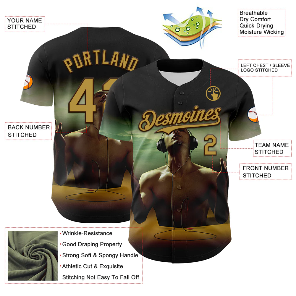 Custom Black Old Gold-Brown 3D Marcel Caram Echoes Of The Heart Authentic Baseball Jersey - Image 3
