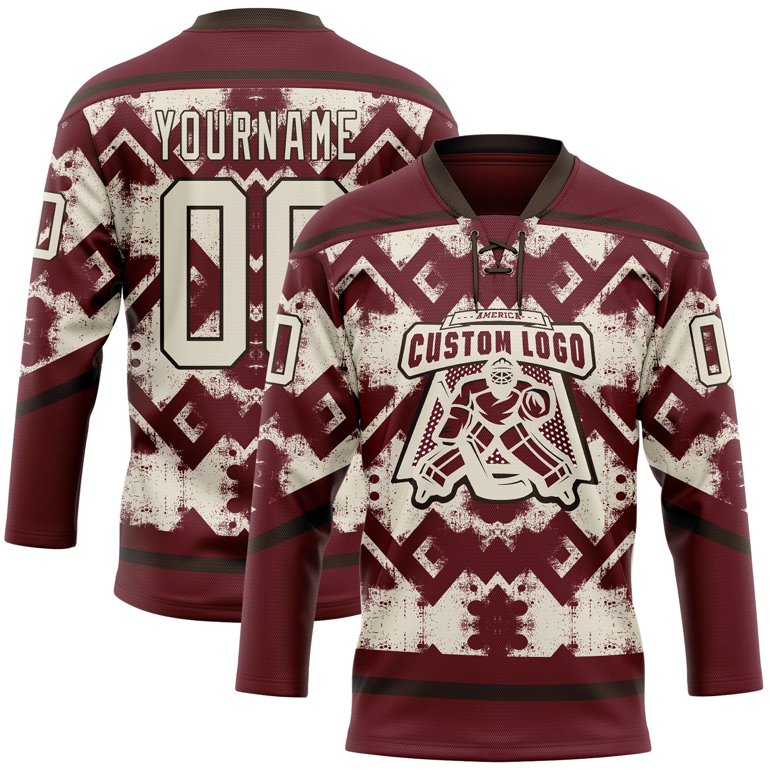 Custom Burgundy Cream-Brown Tribal Indigenous Grunge Geometric Splash Hockey Lace Neck Jersey - Image 2