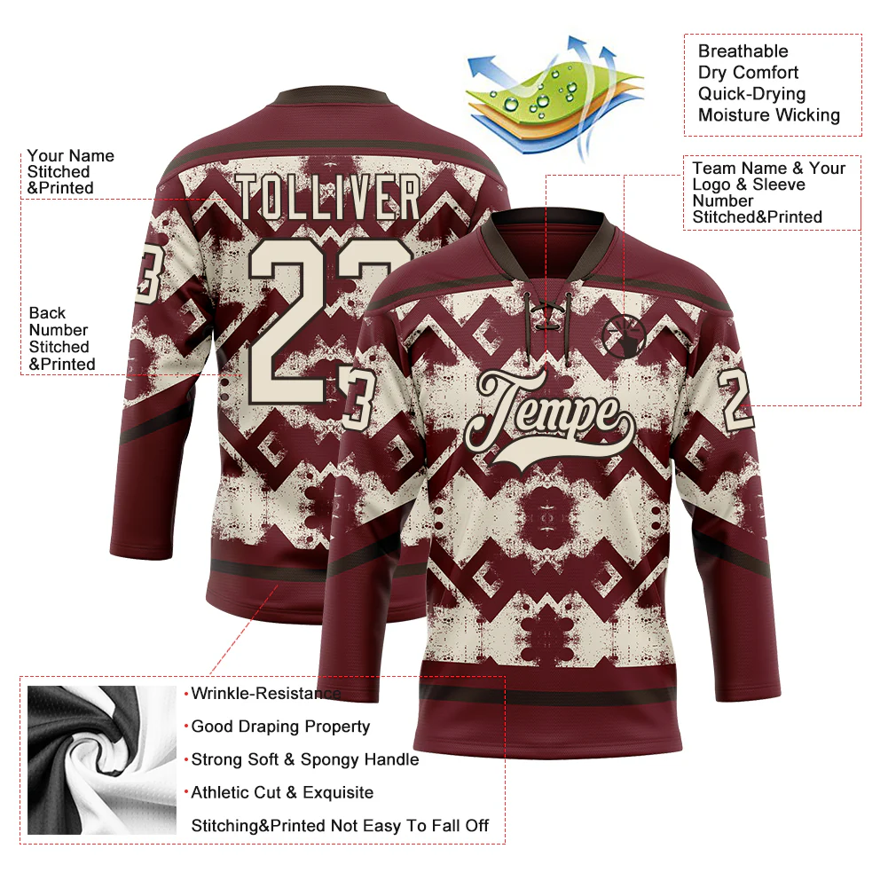 Custom Burgundy Cream-Brown Tribal Indigenous Grunge Geometric Splash Hockey Lace Neck Jersey - Image 5