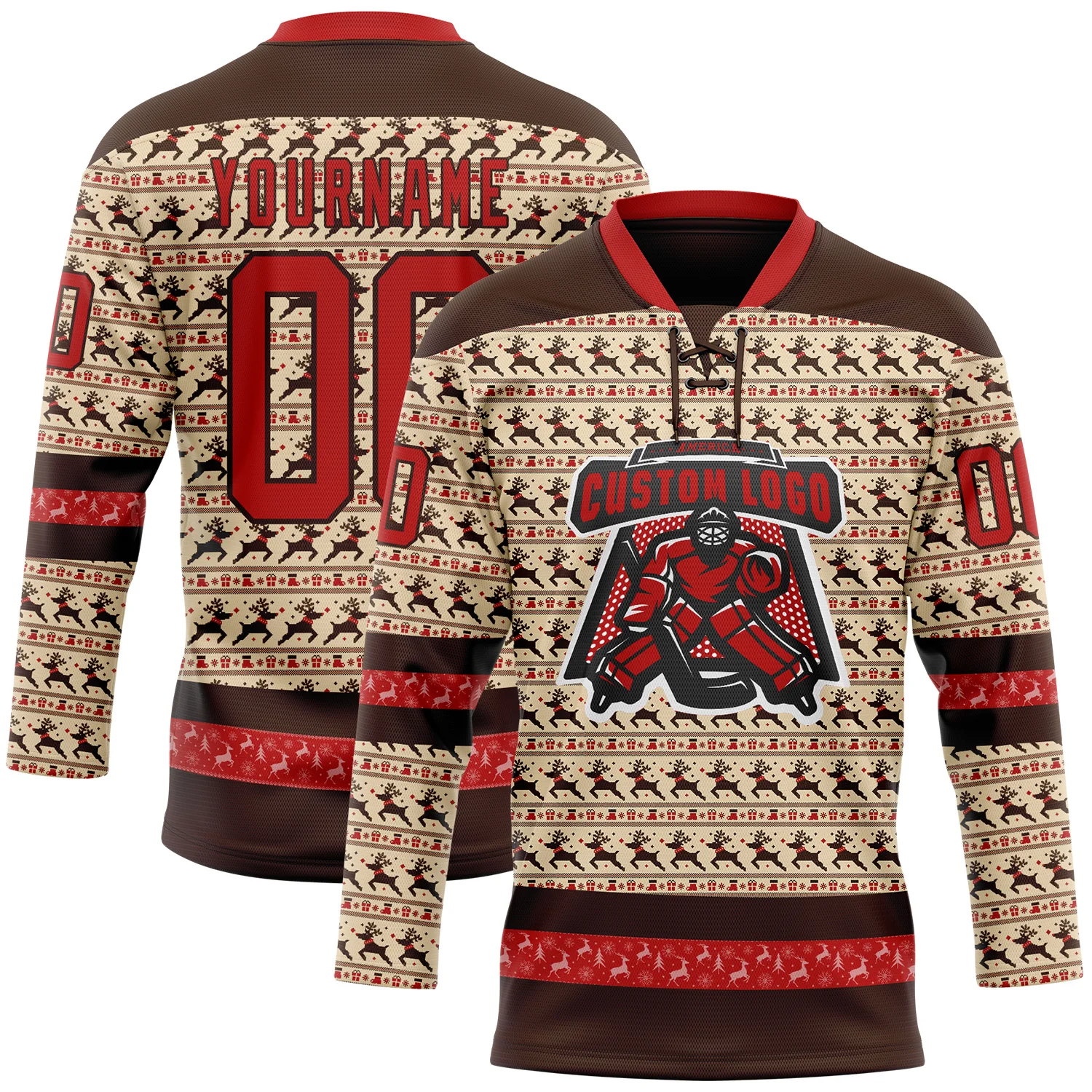 Custom City Cream Red-Brown 3D Christmas Hockey Lace Neck Jersey - Image 2