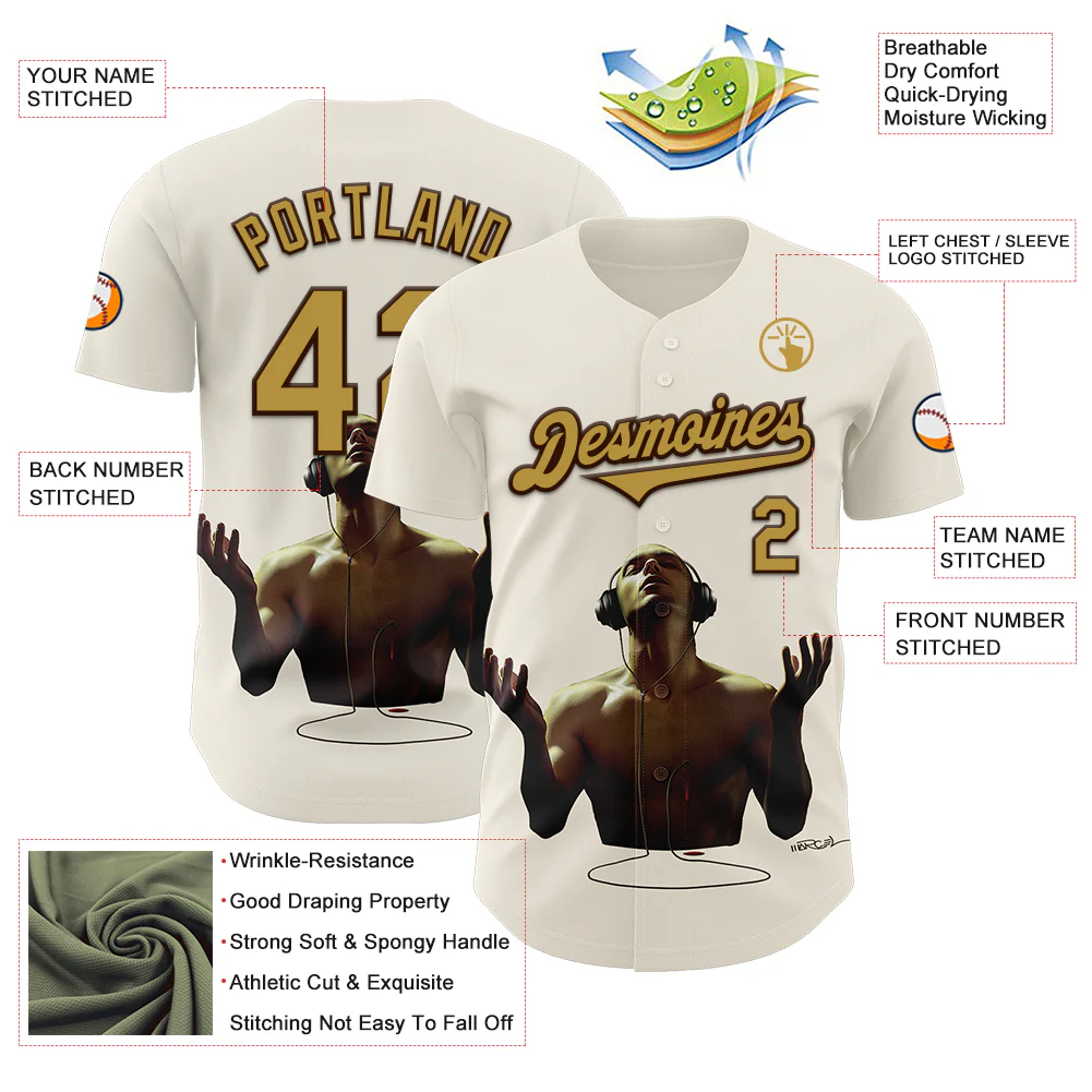 Custom Cream Old Gold-Brown 3D Marcel Caram Echoes Of The Heart Authentic Baseball Jersey - Image 3