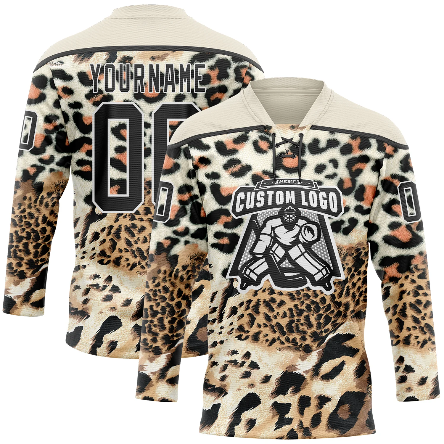 Custom Cream Black Brown-White Leopard Print Hockey Lace Neck Jersey - Image 2