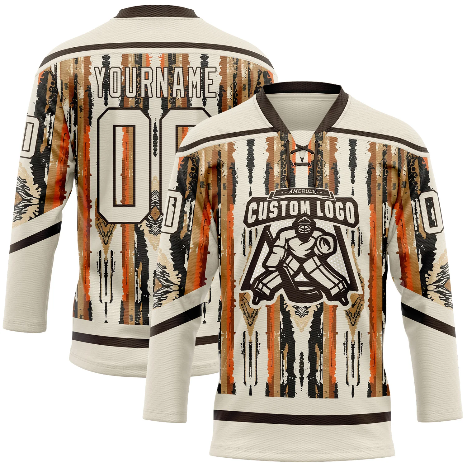 Custom Cream Brown Orange-Black Tribal Indigenous Grunge Splash Hockey Lace Neck Jersey - Image 2