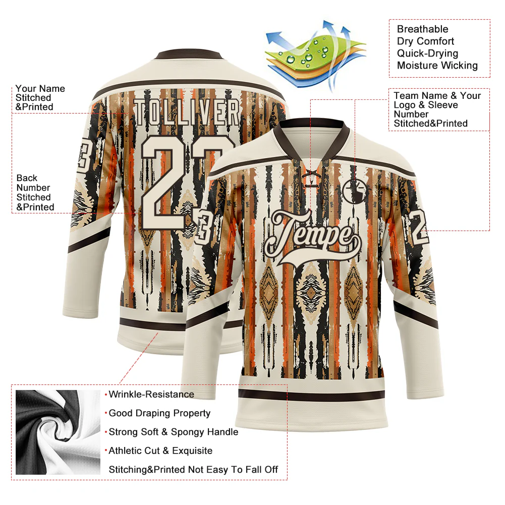 Custom Cream Brown Orange-Black Tribal Indigenous Grunge Splash Hockey Lace Neck Jersey - Image 5